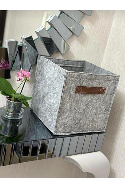 tAAlu 30x30x30 Cm Gray Leather HanDleD Felt Box Organizer - Closet LaunDry Toy Organizer