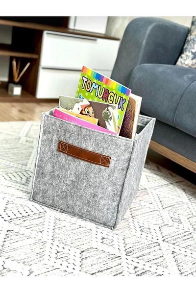 tAAlu 30x30x30 Cm Gray Leather HanDleD Felt Box Organizer - Closet LaunDry Toy Organizer