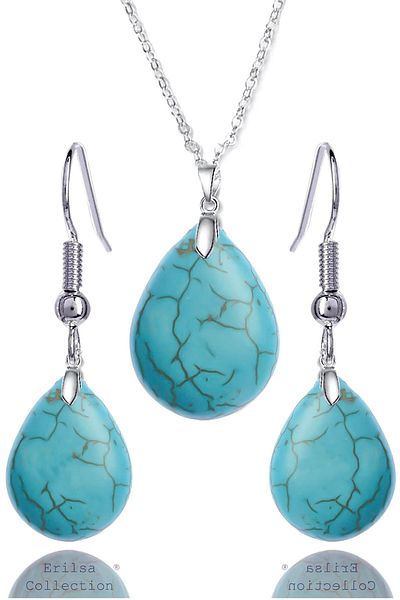 Tesbih Atölyesi Turquoise Drop Model Stone Necklace and Earring Set - Certified