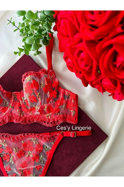 ARONA Red Clover Pattern Women's Embroidery Bra Set