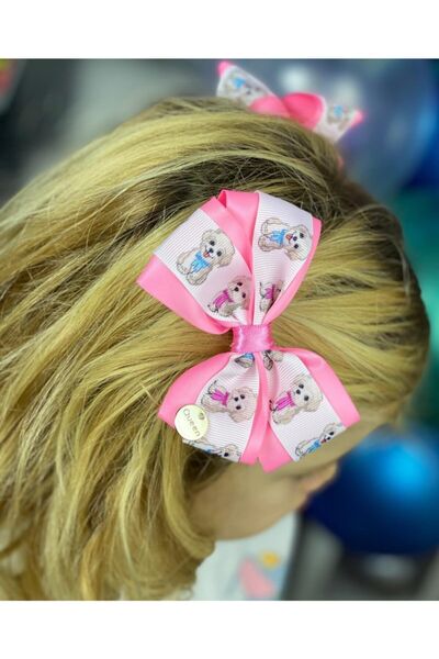 QUEEN AKSESUAR Special Design 2-Piece Cute Puppy Dog Neon Pink Bow Buckle Set with Dart