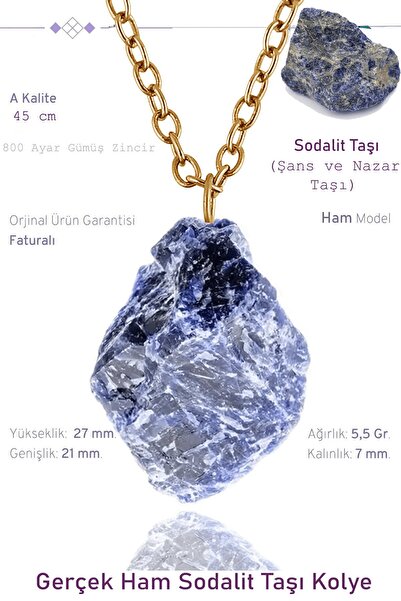 Tesbih Atölyesi Sertifikalı Ham İşlenmemiş Sodalit Taşı Kolye - 24k Altın Kaplama