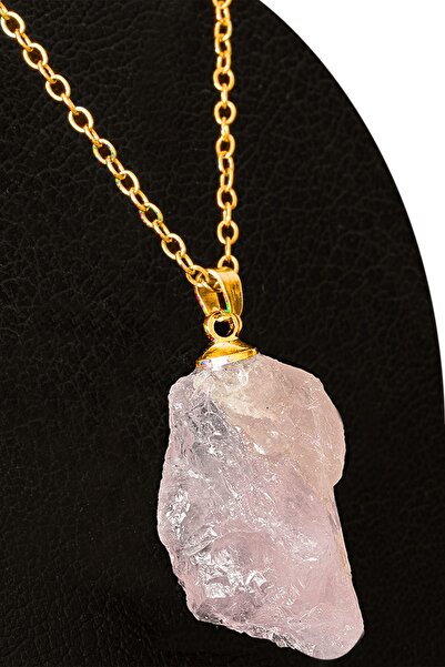 Tesbih Atölyesi Sertifikalı Ham İşlenmemiş Pembe Kuvars Taşı Kolye - 24k Altın Kaplama