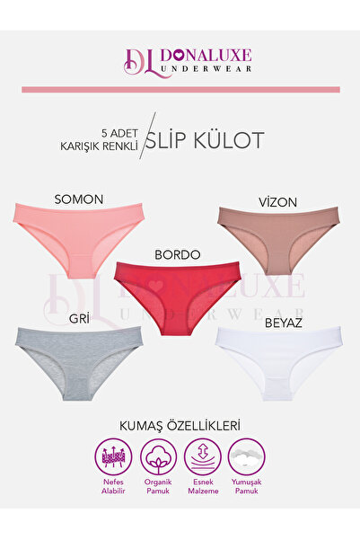 Donaluxe Pack of 5 Soft Cotton Bikini Panties - Burgundy Salmon, Gray Mink, White Colors