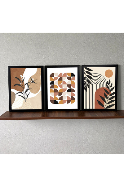 Linacci LİNWOOD Üçlü Çerçeveli MDF Baskı Natural Çiçek Yaprak Lamine Siyah Çerçeve