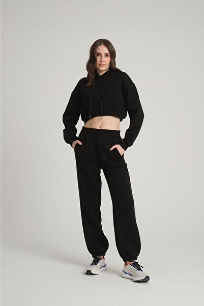 Şardonlu Siyah Jogger Eşofman ( Polarlı )