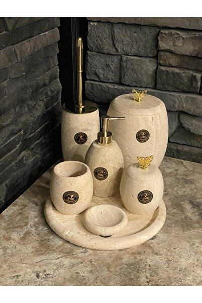 Polen Stone Light Traverten Doğal Taş Aksesuarlı Oval 7,li Banyo Seti (yeni)