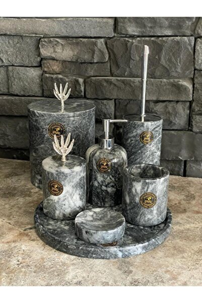 Polen Stone Uludağ Siyahı Zeytin dalı Gümüş Aksesuarlı 7'Li Banyo Seti