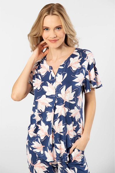 TÜREN Women's Knitted Pajama Set - Placket, Short Sleeve, 95% Viscose/5% Elastane