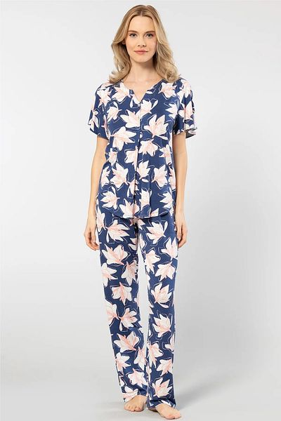 TÜREN Women's Knitted Pajama Set - Placket, Short Sleeve, 95% Viscose/5% Elastane