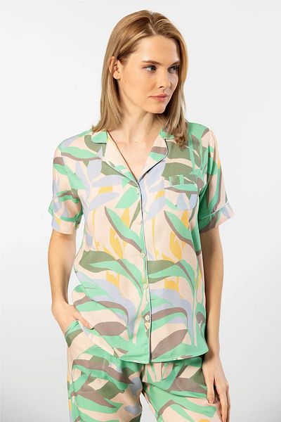 TÜREN Patterned Shirt Collar Short Sleeve Pajama Set - 100% Viscose