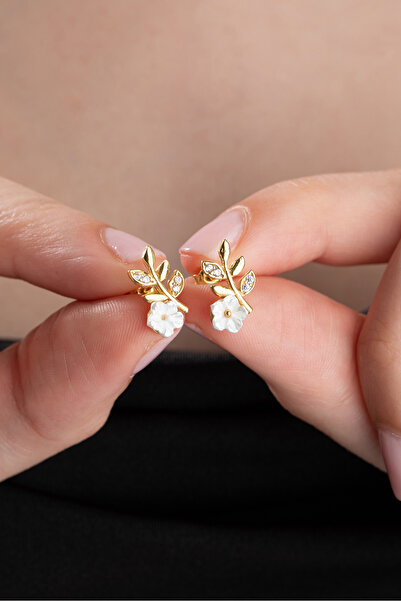 Nereze 925 Ayar Gümüş Gold Kaplama Minik Manolya Çiçeği Zeytin Dalı Küpe