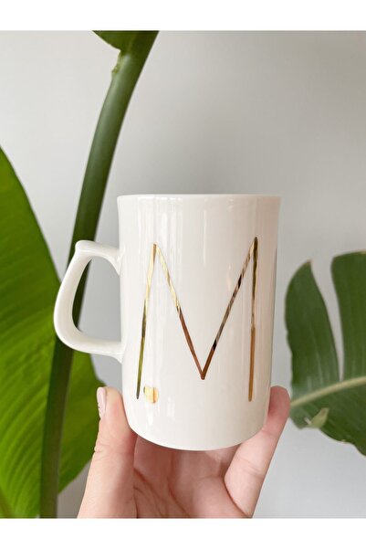 Mugtasarım 24k Altın Yaldızlı Porselen Mug-280cc- M Harfi