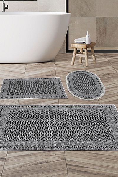 Dekoreko Ψηφιακό σετ 3 χαλάκι μπάνιου Star Cotton Αντιολισθητική Βάση Μικτή Οβάλ Μοντέρνο Christie Grey