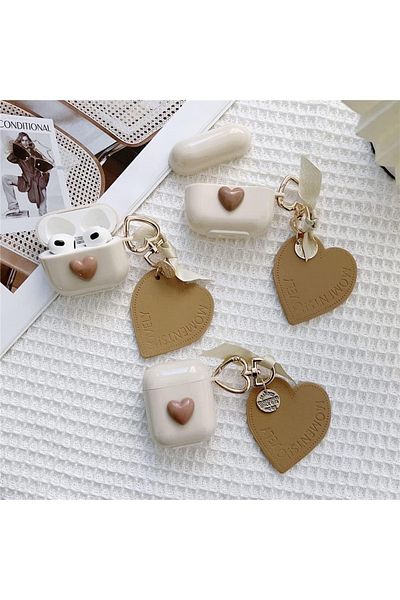 KVK PRİVACY Airpods Pro 2nd generation compatible Brown Heart and Brown Heart Clip Headphone Case