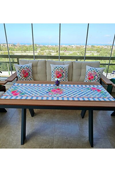 Another Taş Baskılı Parlak Çiçek Desenli Runner Ve Kırlent Kılıfı Takımı