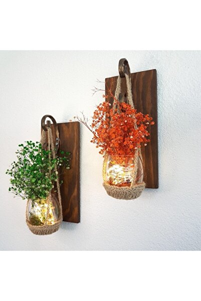 STDEKOR Yeşil Ve Turuncu Cipso Çiçekli, Led Işıklı Ceviz Dekor Ikili Set