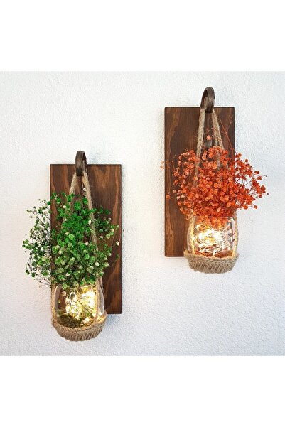 STDEKOR Yeşil Ve Turuncu Cipso Çiçekli, Led Işıklı Ceviz Dekor Ikili Set