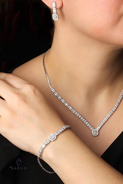 BY BARUN SİLVER Baget Kare Kolye Küpe Bileklik Set 925 Ayar Zirkon Taşlı Abiy...