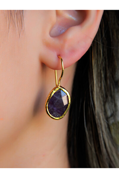 esha Doğal Taş Ametist Taşı Kadın Doğal Taşlı Küpe Gold euku3ag