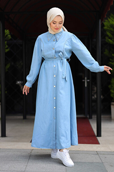 Pamuk Butik Γυναικείο τζιν φόρεμα με μαργαριτάρι λεπτομέρεια στο γιακά