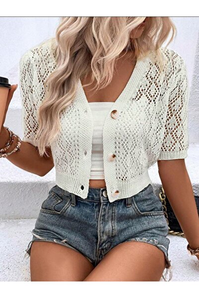 YUGA KNİTTİNG سترة تريكو موسمية بأكمام قصيرة ومثقبة