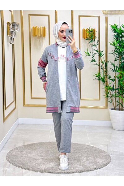 moda4b Γυναικείο σετ χιτζάμπ 3 τεμαχίων, ύφασμα δύο κλωστών n-05125 _ γκρι