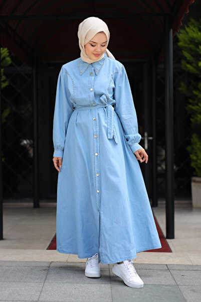 Pamuk Butik Γυναικείο τζιν φόρεμα με μαργαριτάρι λεπτομέρεια στο γιακά