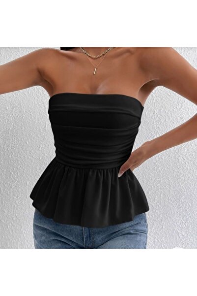 Nsb Tasarım Μαύρο Στράπλες Μαζευμένο Crop