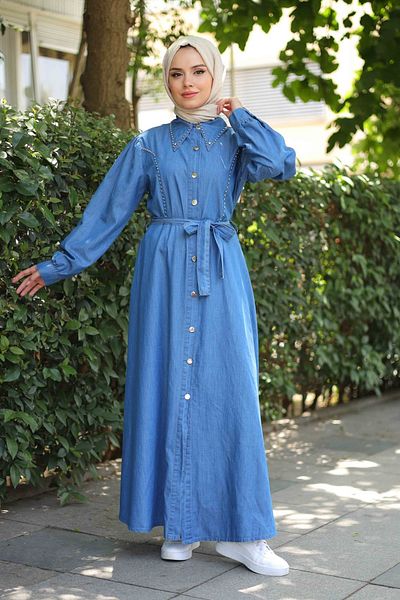 Pamuk Butik Γυναικείο τζιν φόρεμα με μαργαριτάρι λεπτομέρεια στο γιακά