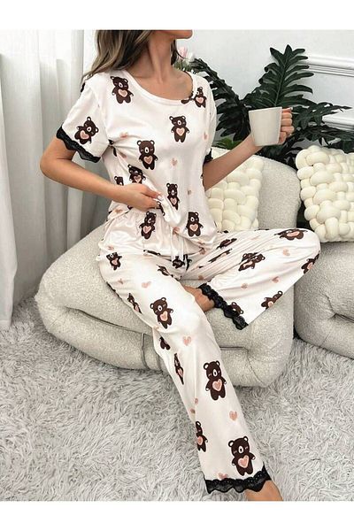 BLACK Set pijamale pentru femei cu gât rotund cu imprimeu urs - mâneci scurte și pantaloni lungi