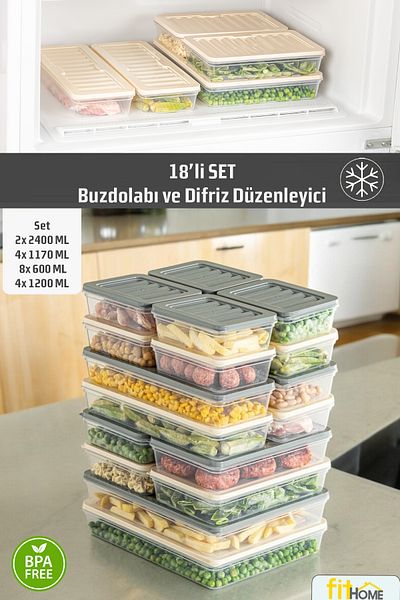 FİTHOME Set of 18 Colorful Lid Refrigerator and Freezer Organizer Storage Container 2X2400-4X1200-4X1170-8X600 ml