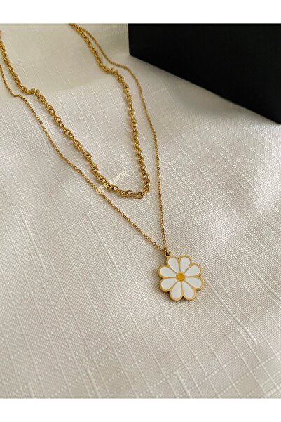 Steel double chain daisy necklace