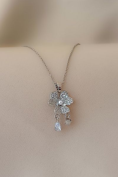 COSİTA Zircon Stone Pearl Clover - Dangle Crystal Solitaire, Silver Steel Necklace