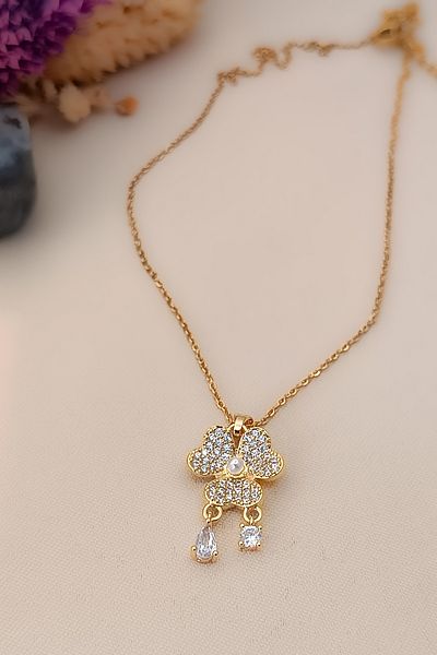 COSİTA Gold Steel Necklace - Pearl Clover Zircon Stone, Dangle Crystal Solitaire