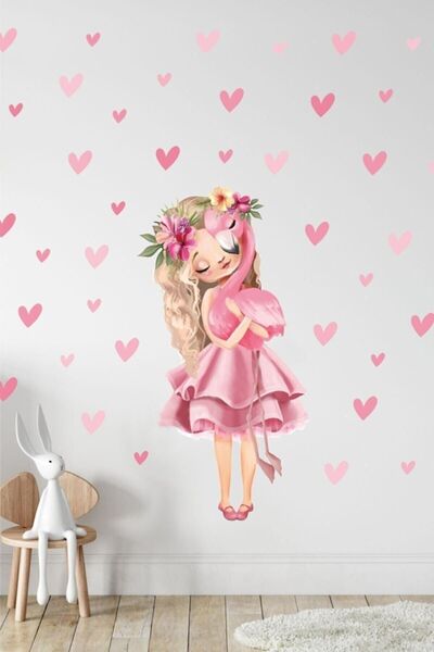 Kt Grup Sevgi Dolu Kız Flamingo Ve Kalpler Kız Çocuk Odası Duvar Sticker Seti
