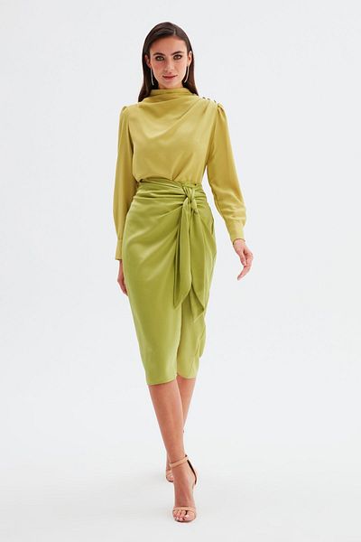 Sateen Tie-Up Satin Skirt - Oil Green