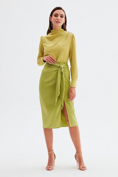 Sateen Tie-Up Satin Skirt - Oil Green