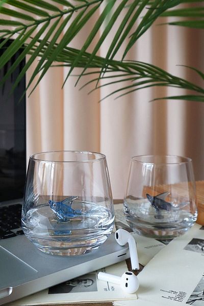 ADAMODART Blue & Gray Shark Figured Decorative 2-Piece Water Glass