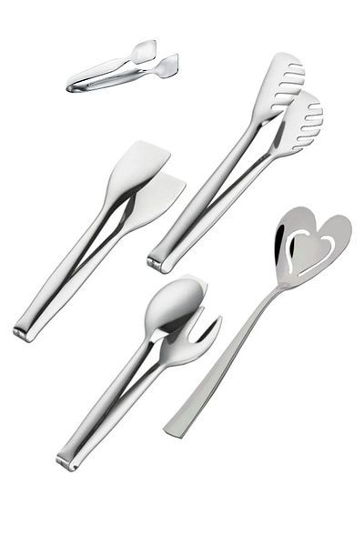Nehir Stainless 5 Piece Steel Cake Pasta Serving Spoon Sugar Tongs Set Set Shiny