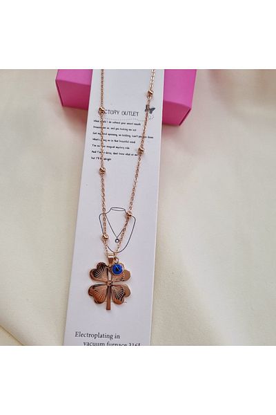 stainles steel 316l Evil Eye Bead Dorica Chain Detailed Clover Steel Necklace Rose Color