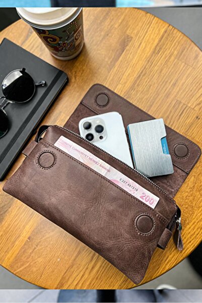 Noppa Унисекс чанта от естествена кожа - с цип, дръжка и отделение за телефон, кафява чанта