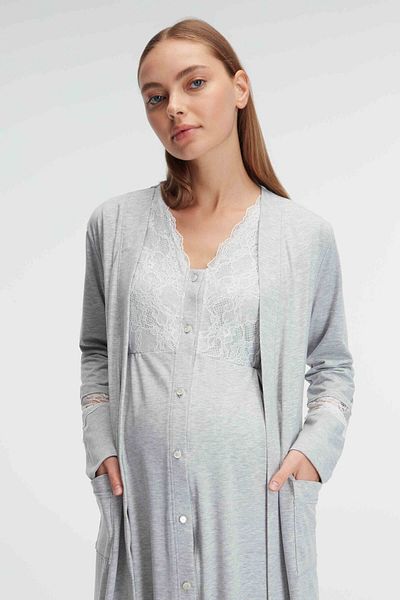 ANIL AMBALAJ Anil 11309 V-Neck Lace Detailed Thick Strap Maternity Nightgown and Dressing Gown Set