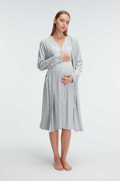 ANIL AMBALAJ Anil 11309 V-Neck Lace Detailed Thick Strap Maternity Nightgown and Dressing Gown Set
