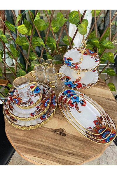 GÜRCÜGLASS Kahvaltı Ve Sunum Seti Beyaz Çiçek Altın 28 Prç Kulplu