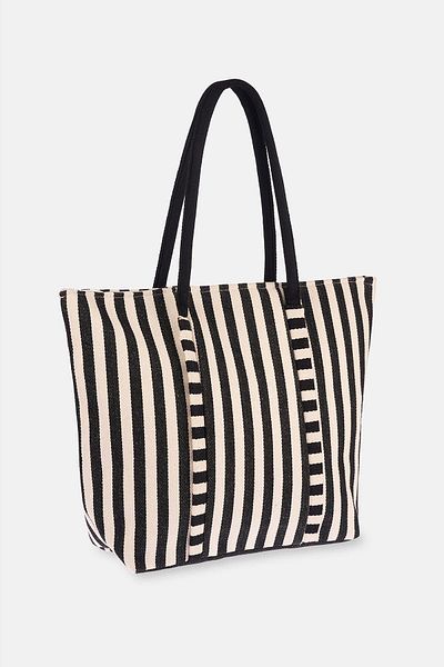 Dagi Ecru-Black Striped Canvas Beach Bag