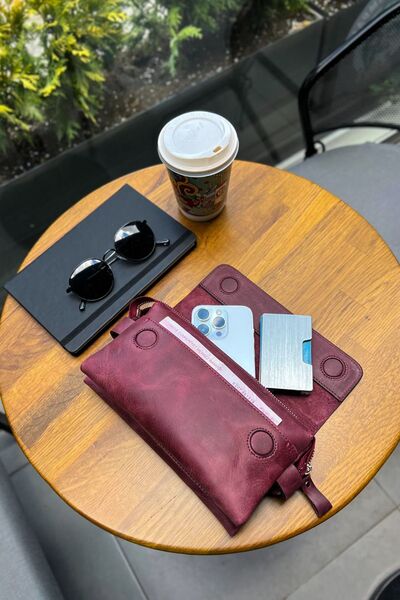 Noppa Unisex Claret Red Genuine Leather Bag - Zippered, Magnet and Phone Compartment