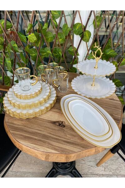 GÜRCÜGLASS Kahvaltı Ve Sunum Seti Beyaz Sade 28 Prç Kulplu