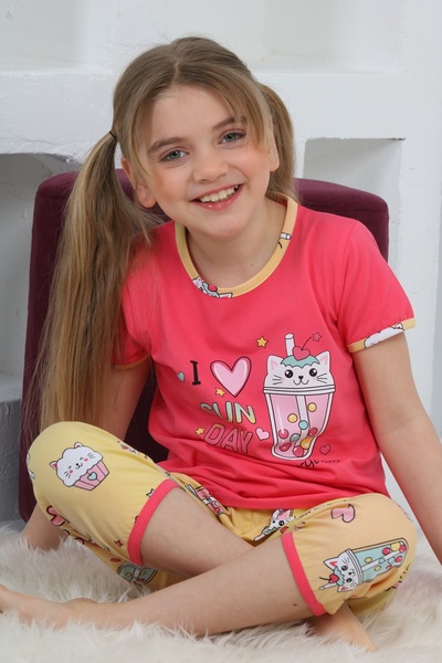 KAPİKİDS Комплект пижама с къс ръкав и принт на сладолед в цвят фуксия за мом...