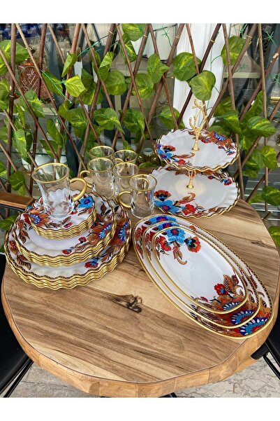 GÜRCÜGLASS Kahvaltı Ve Sunum Seti Beyaz Çiçek Altın 28 Prç Kulplu